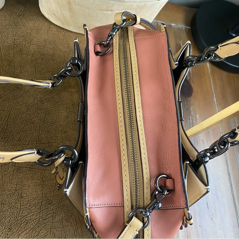 Coach Two-Tone Leather Tote in Cream and Pink with Tan Trim